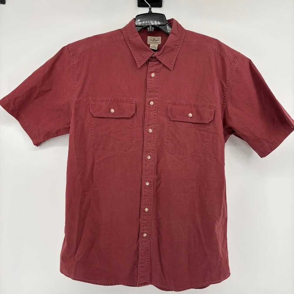 LL Bean Mens Large Tall Short Sleeve Button Down Shirt Burgundy Red Cotton 0FCX1